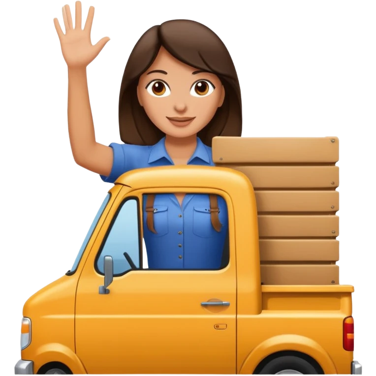 Brunette woman in back of truck waving  emoji