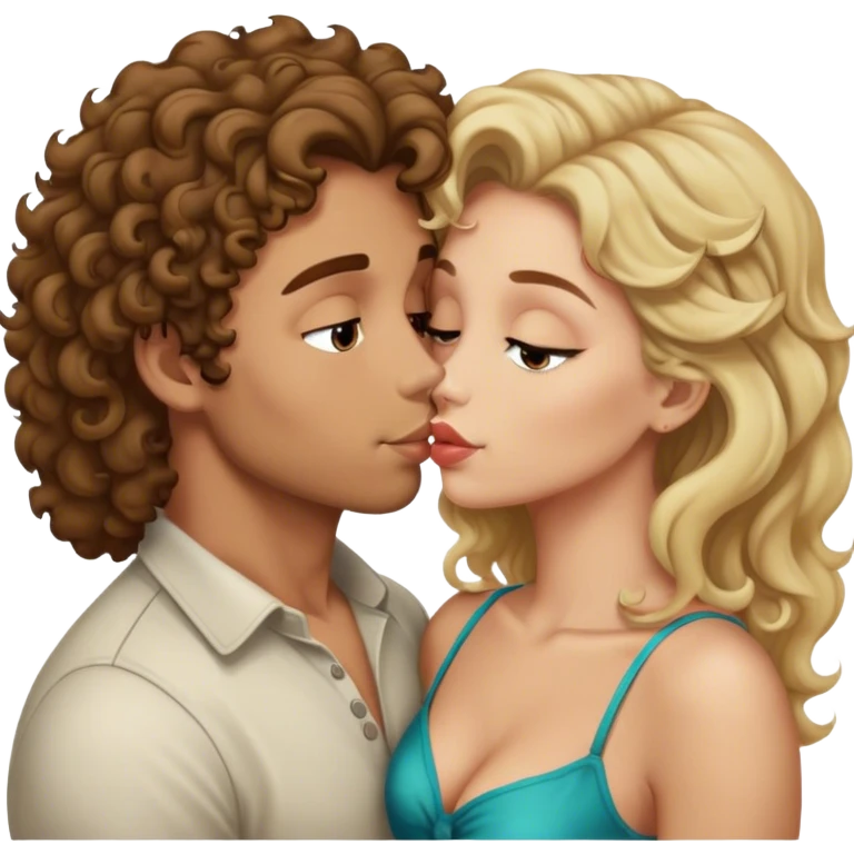 Man van 23 jaar met bruine krulletjes die een kusje geeft aan een vrouw van 23 jaar met blond middellang haar emoji