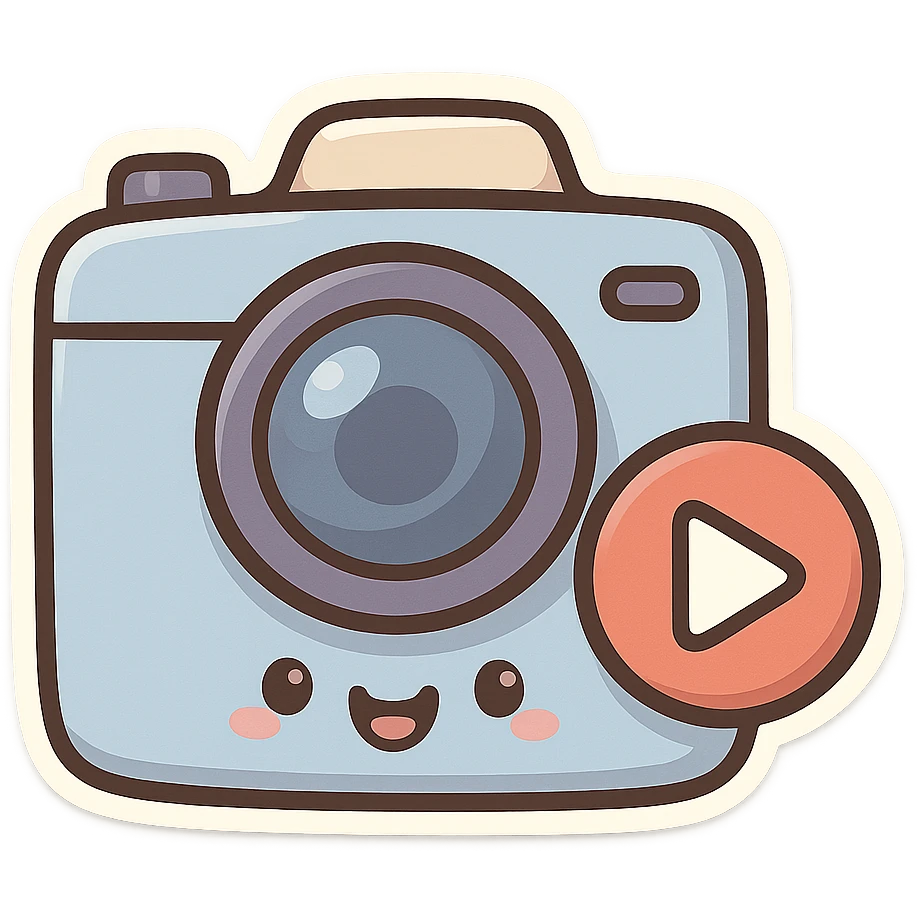 camera with a smiling face and play icon, chibi stickers style, cartoonish, friendly emoji