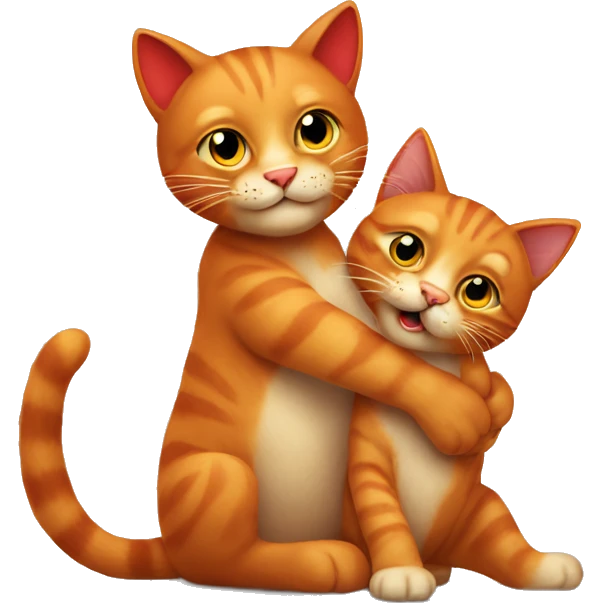 A big red cat playing with a small tricolour kitty emoji