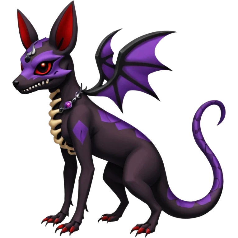 Gothic Black red purple Scaley Exotic Salandit-Umbreon-Houndoom-Fakémon-hybrid-creature (full body), 4 legs, skull face mask emoji