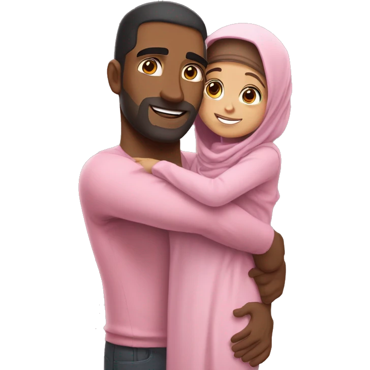Tall muscular brown man hugging small cute brunette girl in pink hijab emoji