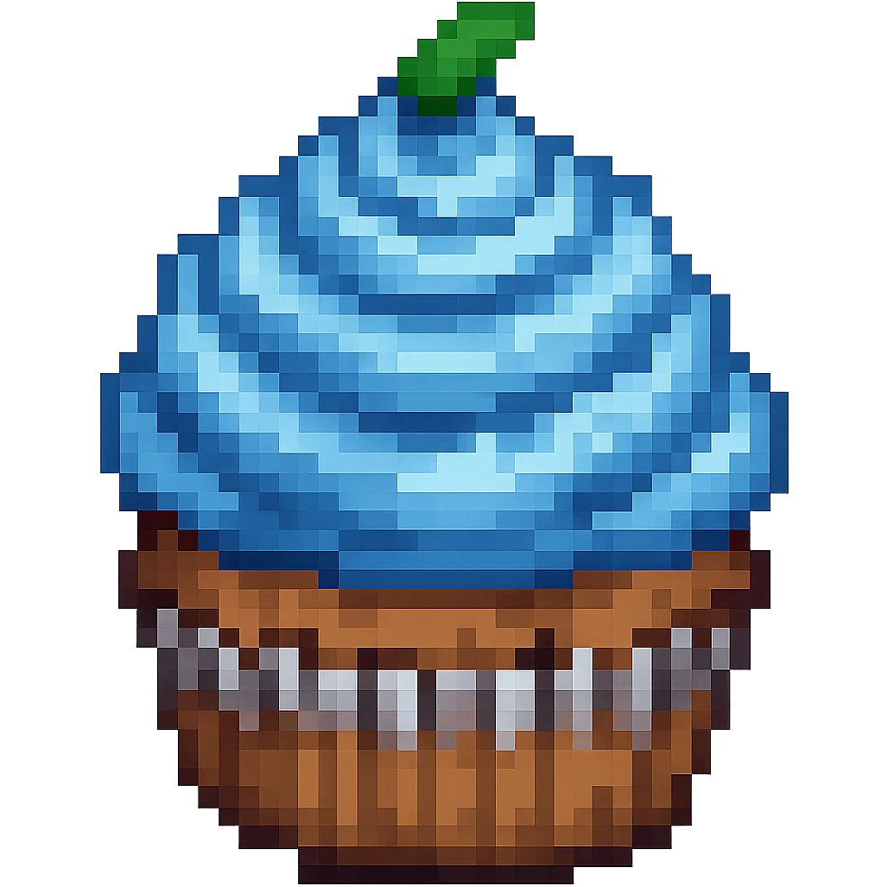 Edit the cupcake with blue icing in pixel art style with no background. The original style does not support editing, so use the universal edit model respecting pixel art style. emoji