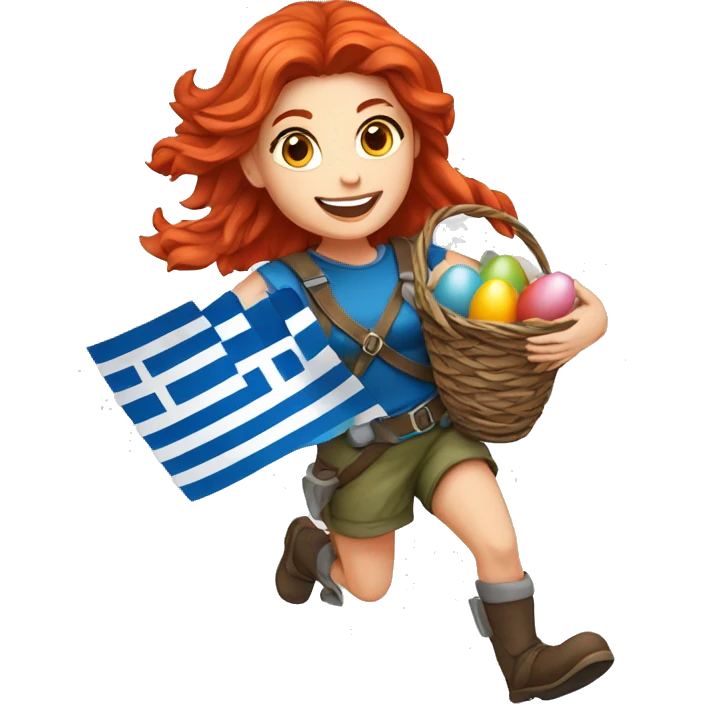Female mountaineer red hair climbing with Greek flag and holding Easter eggs basket emoji