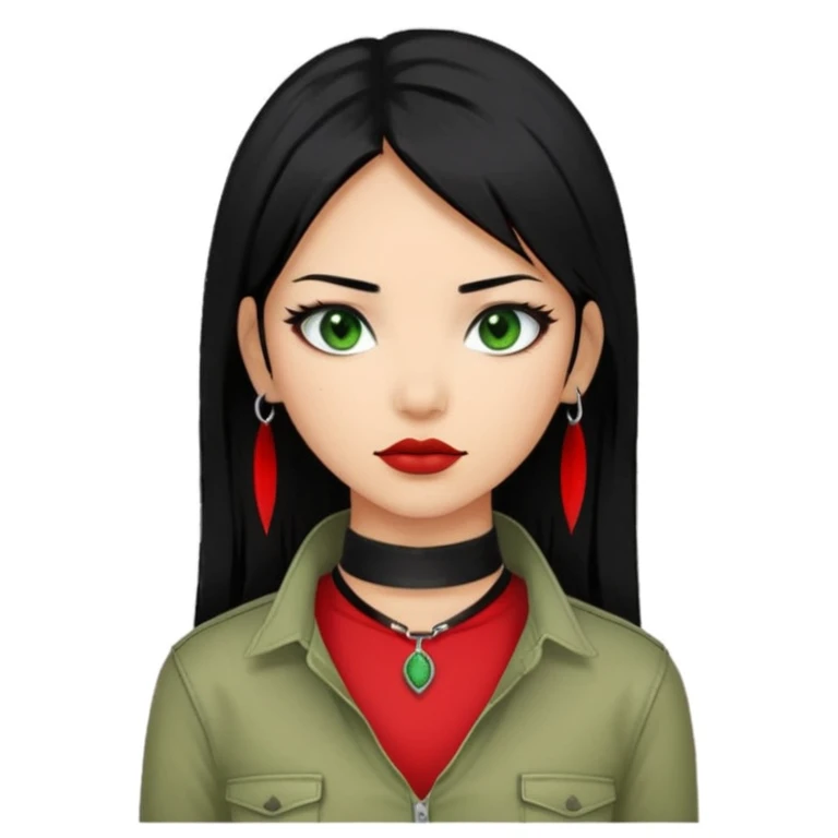 Asian-Latina women with black hair and a red streak with green eyes and alternative/grunge clothing style. emoji