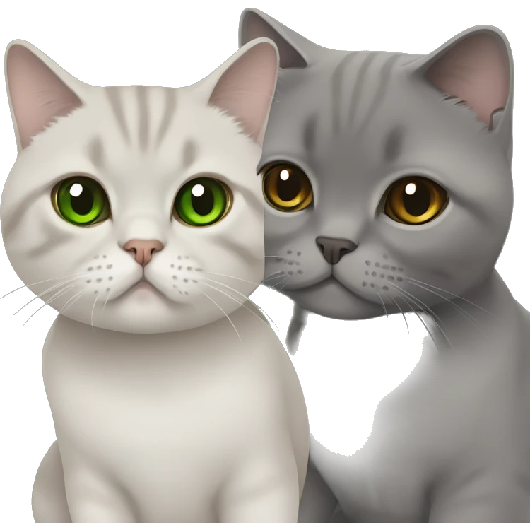 Scottish fold cat in grey with Green eyes + Brown british shorthair with Brown eyes sitting  emoji