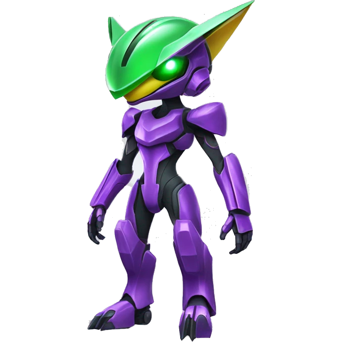 a shiny purple-green Genesect-Raptor-Fakémon—hybrid with a futuristic visor-helmet full body emoji