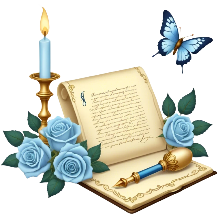 A dreamy, romantic scene of a candle-lit desk with an open love letter, a feather quill dipped in golden ink, an ornate perfume bottle, and a bouquet of pale blue roses resting beside a pearl-adorned butterfly.
 emoji