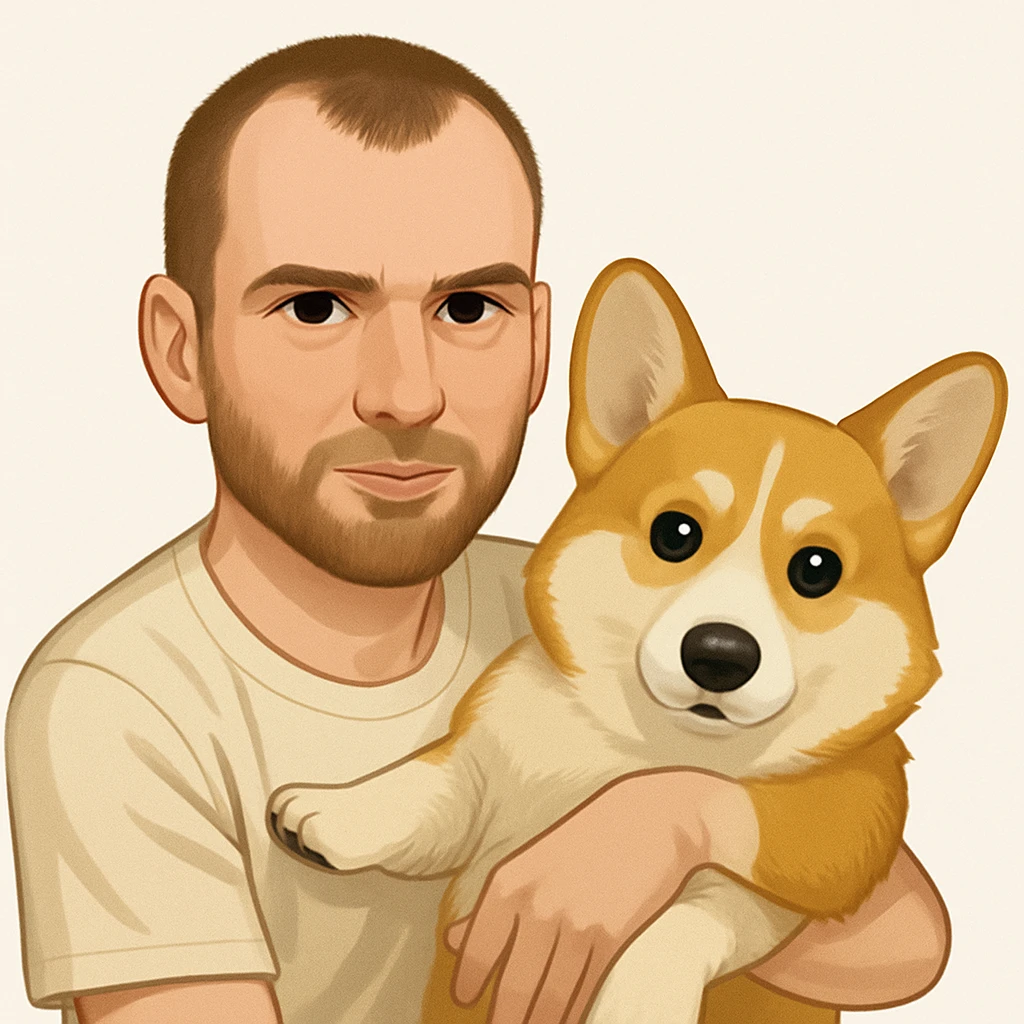 Edit the emoji-style illustration to make the man look more similar to the person in the provided photo, while keeping the corgi dog and maintaining the overall emoji style. emoji