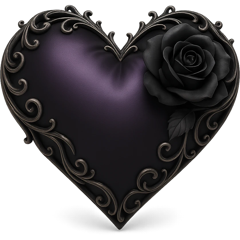 gothic heart in 3D black style, deep purple satin, silver filigree, black rose accent, elegant and moody emoji