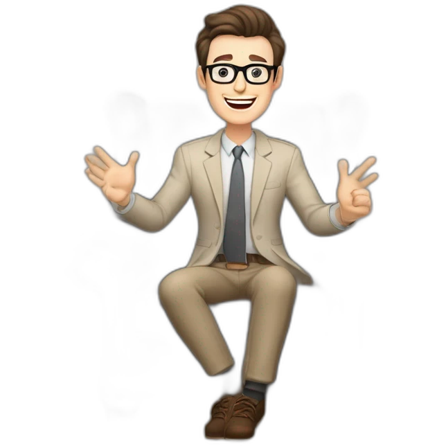 Joyful Celebrating victory Hands up Pale skinned Fit Man With dark brown hair in gray jacket, beige office shirt, Brown pants and vintage glasses sitting In a soft chair emoji