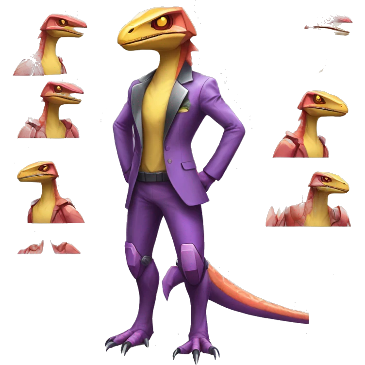 Shiny Velociraptor-Genesect-Fakémon-Pokémon wearing a with a futuristic cyber-helmet And suit Full Body emoji