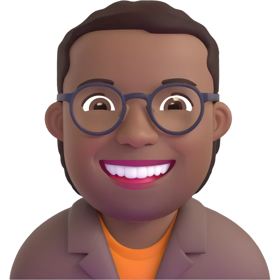 smiling black man with glasses, big teeth, standard male haircut, rural farmer, oval face emoji