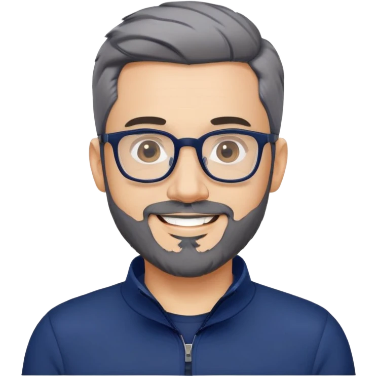 Light-skinned man with short black hair styled upward, short gray beard, large black-framed glasses, smiling face, wearing a navy blue zip-neck long sleeve athletic shirt emoji