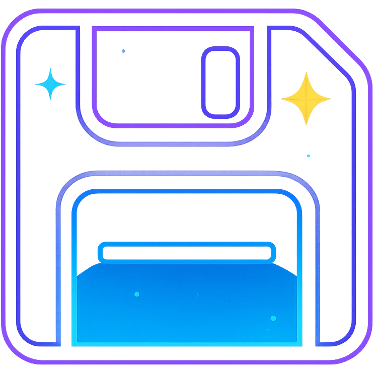 animated save icon with dark purple, blue, and black base, bright accents, complex gradients, stars, bright neon border, modern recognizable abstract save symbol, subtle glowing and moving stars neon effects, sophisticated futuristic style emoji