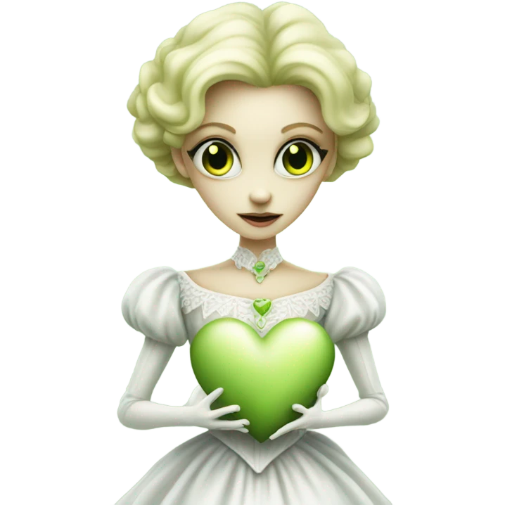 "galora green blonde alien woman" in white Victorian dress elegant, full body holdig big hearth emoji