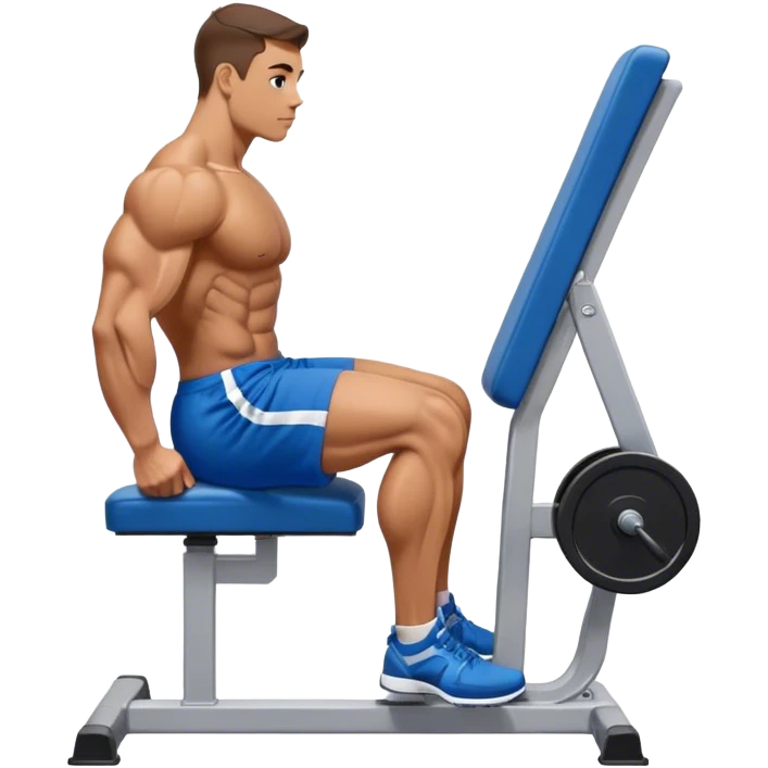 side-view bodybuilder in blue shorts seated weighted calf-raise machine on his tip toes emoji