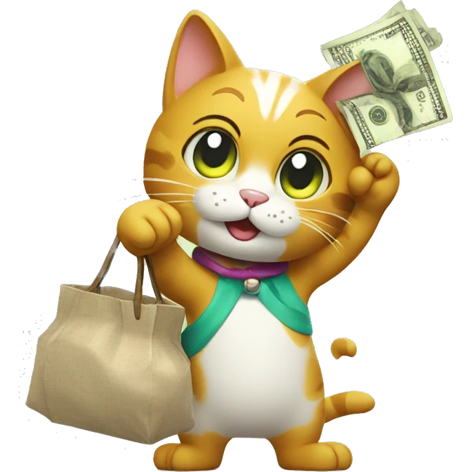 the cat waves its paw and holds a bag of money emoji