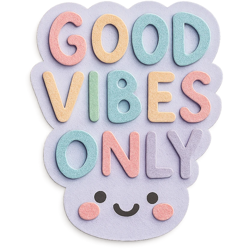 Rainbow pastel "Good Vibes Only" hand-drawn lettering, cute kawaii sticker, soft shadows, transparent background emoji
