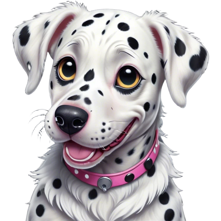 Cinematic Comical Spotted Dalmatian Portrait Emoji, Head tilted dramatically with an exaggeratedly shocked or amused expression, featuring a striking Fur of predominantly white with vivid black patches, wide, expressive eyes filled with playful disbelief, Simplified yet hilariously expressive features, highly detailed, glowing with a slightly sassy glow, high shine, dramatic yet playful, stylized with an air of cheeky charm, bright and endearing, soft glowing outline, capturing the essence of a spirited and over-the-top guardian, so meme-worthy it feels like it could side-eye its way into internet fame instantly! emoji