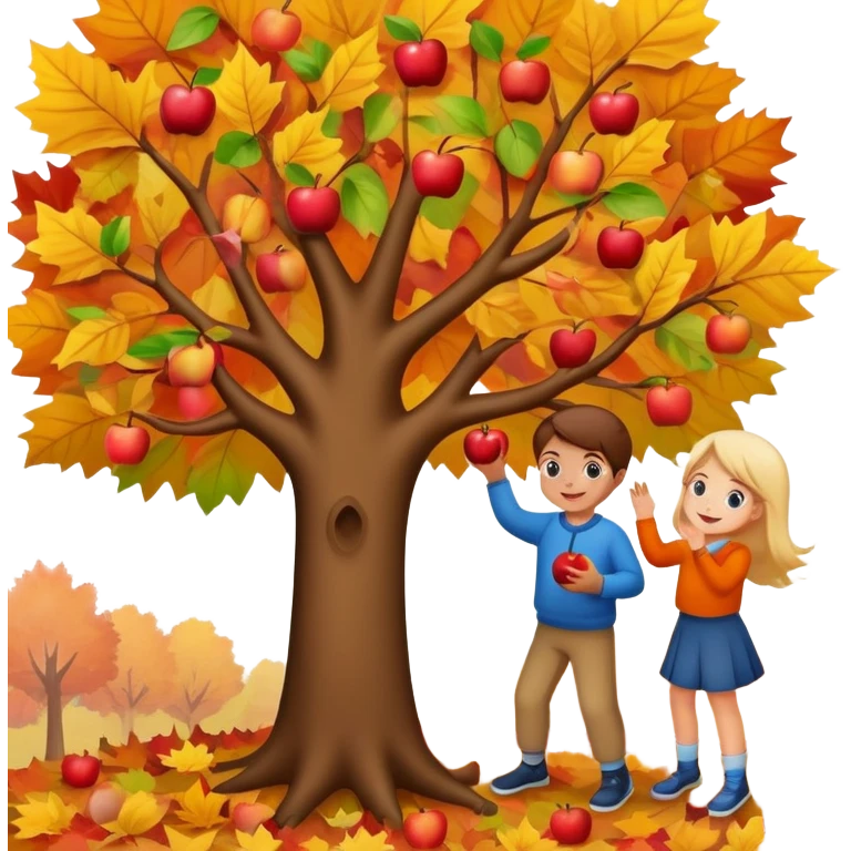kids picking apples from a tree in autumn, colorful fall leaves, cheerful expressions emoji