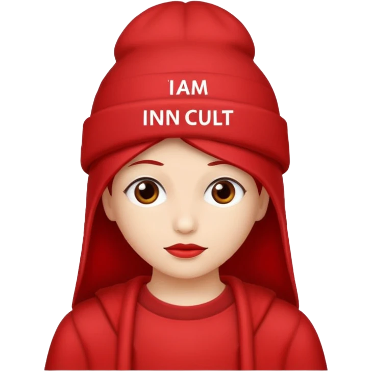 Red hat that says "I AM IN A CULT" in white text emoji