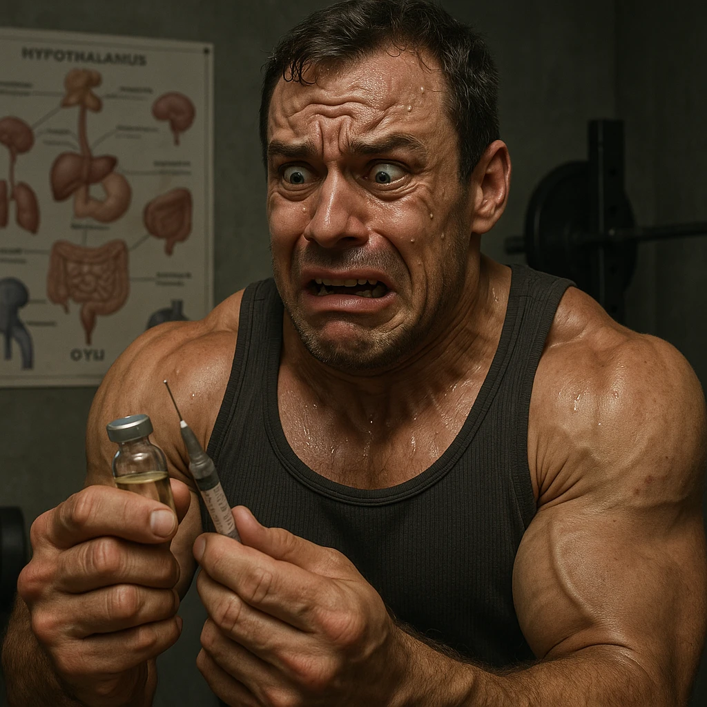  bodybuilder che si fa prendere dalla paura e fa cavolate, come una fiala ogni 2 settimane finisce che sopprimi comunque l'HPT ma senza alcun risultato visibile, iperealistica emoji