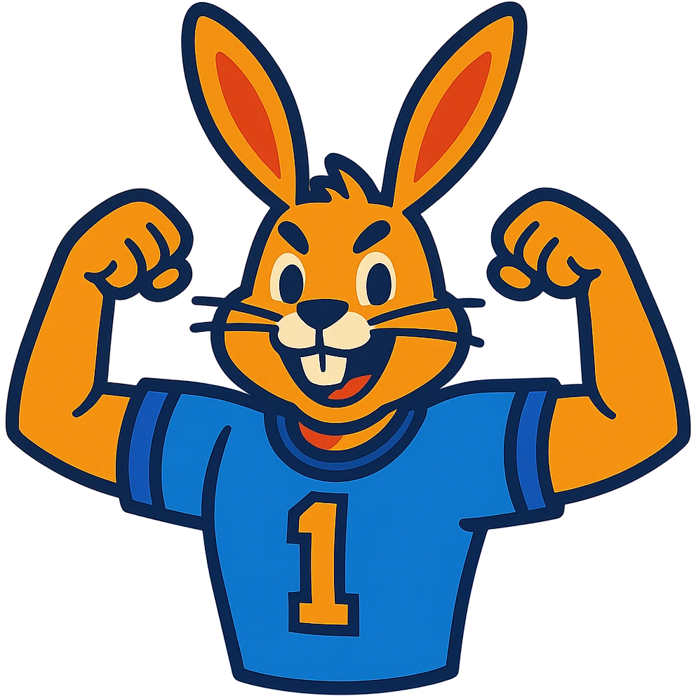 bunny mascot wearing a blue football jersey, flexing emoji