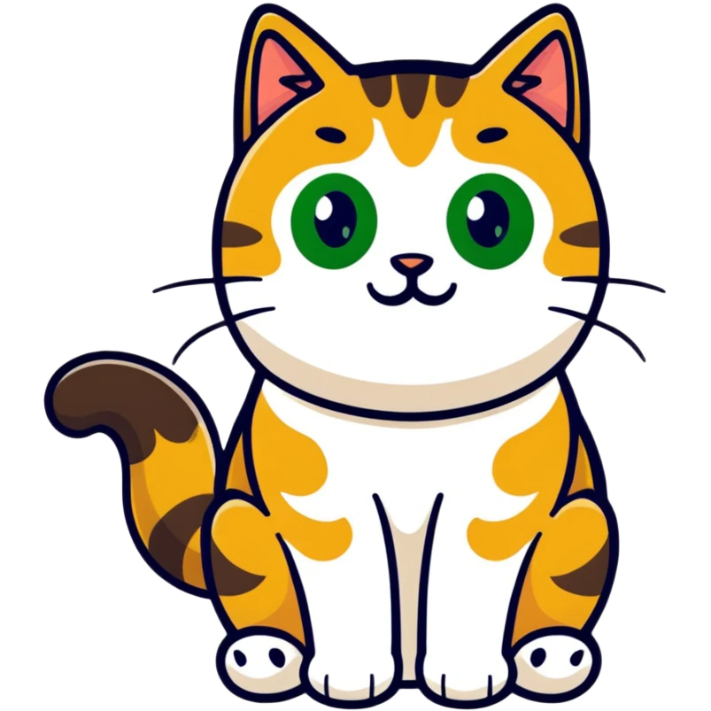 Brown, white, and black tabby cat with green eyes sitting to show its white belly, adorable sticker style emoji