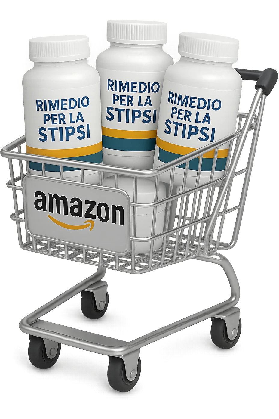 emoji stile iphone di un carrello per la spesa con l'icona di amazon stampata sopra, dentro al carretto ci sono varie boccette di integratori con la scritta "RIMEDIO PER LA STIPSI", iperrealistico 4k emoji