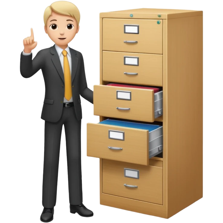 A person in business attire pointing to a tall filing cabinet, indicating document organization. emoji