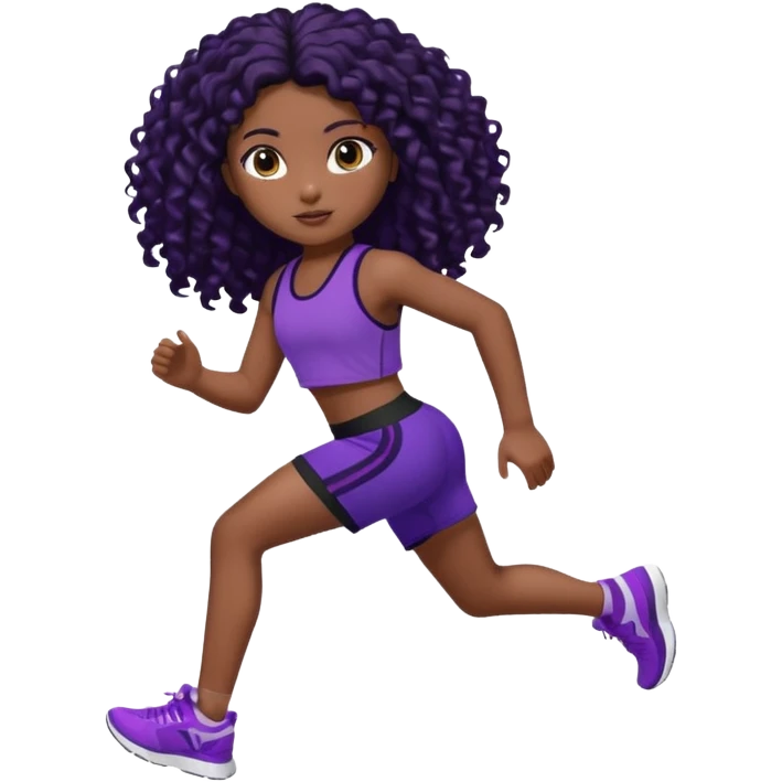 Uma boneca morena escura com olhos castanhos e cabelo cacheado longo preto até o peito, treinando correndo a roupa top curto, roxo com detalhes preto e short roxo com detalhes preto emoji