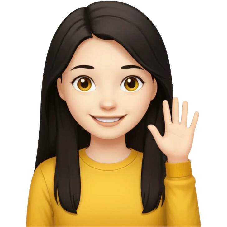 girl using her laptop, long dark hair with no part, white skin and yellow shirt long sleeves, smiling emoji