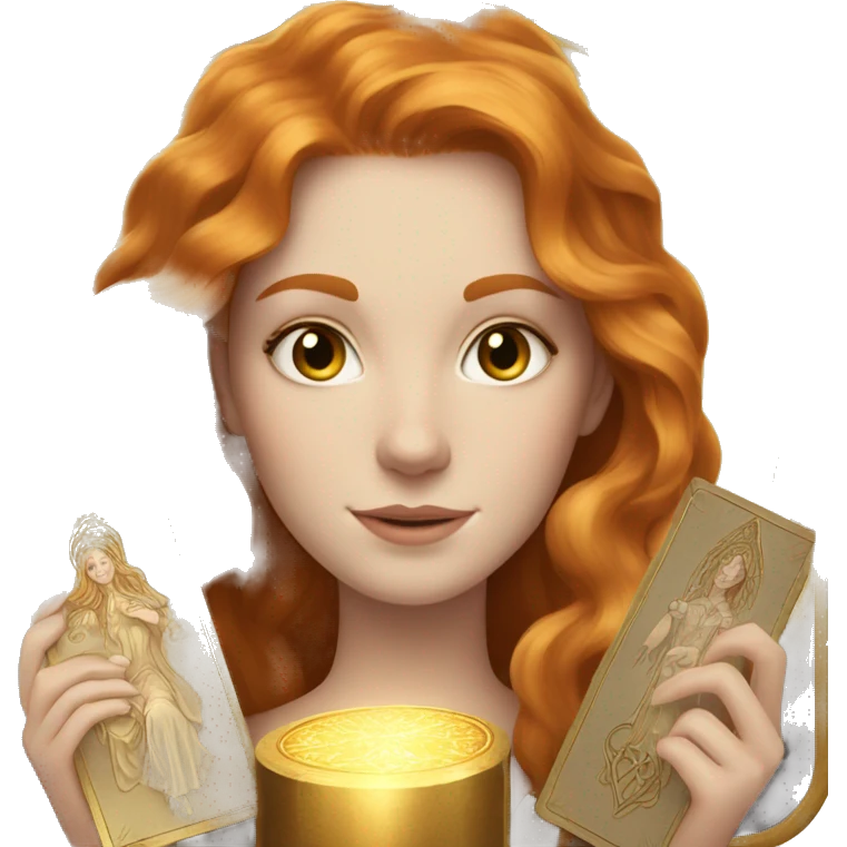 beautiful white girl with long ginger hair, light brown eyes and holding gold tarot cards  emoji