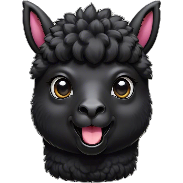 Cinematic Comical Black Alpaca Portrait Emoji, Head tilted dramatically with an exaggeratedly amused expression, featuring a striking jet-black fleece with playful texture, wide, expressive dark eyes filled with playful disbelief, Simplified yet hilariously expressive features, highly detailed, glowing with a slightly sassy glow, high shine, dramatic yet playful, stylized with an air of cheeky mischief, bright and endearing, soft glowing outline, capturing the essence of a spirited and over-the-top alpaca, so meme-worthy it feels like it could side-eye its way into internet fame instantly! emoji