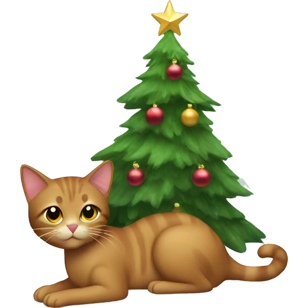 Brown cat under Christmas tree emoji