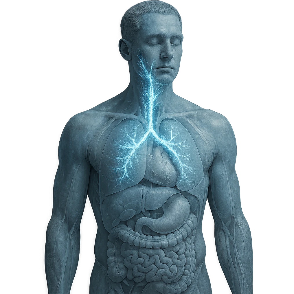 realistic human body with vagus nerve highlighted, anatomical details, vagus nerve path clearly visible, cold effect with blue glow and ice crystals along the nerve, transparency showing internal organs, neutral background emoji