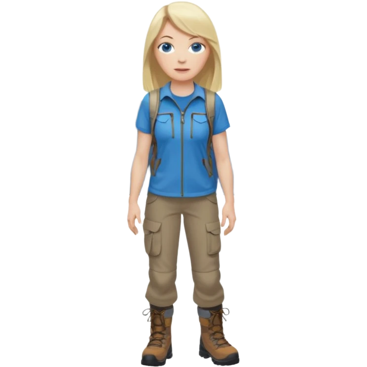 45 yr old white woman, pale skin, long straight blond hair parted in center, blue eyes, bangs, clothes for hike emoji