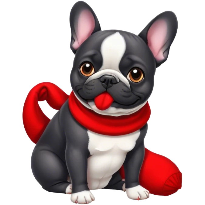 Black and white French Bouledogue eating a red sock  emoji