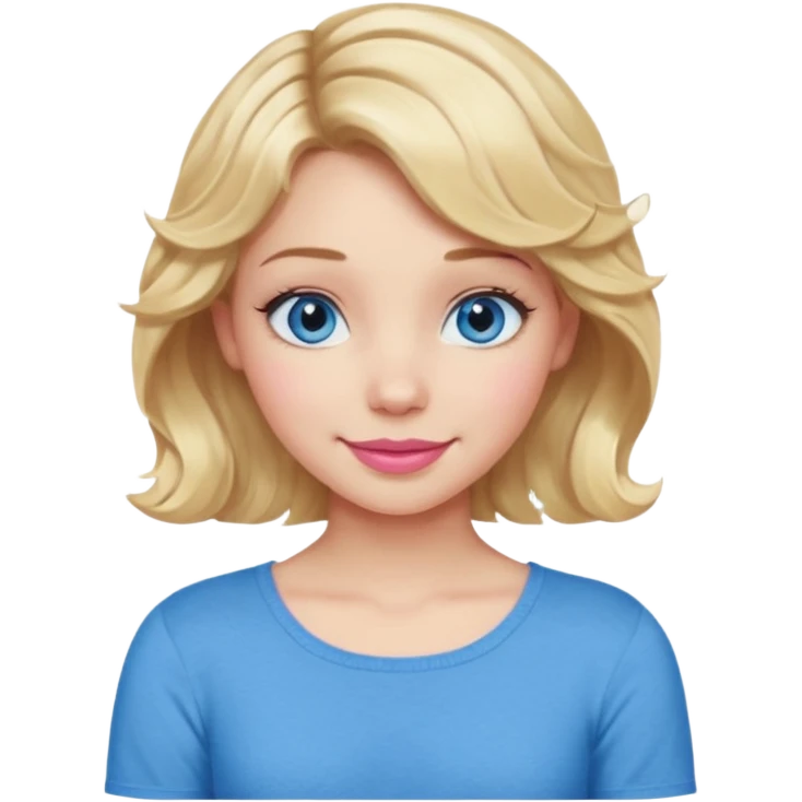 Girl Blonde short wavy hair,  blue eyes, cute blue top, long lashes, pink lips, smiling, cross arms  emoji