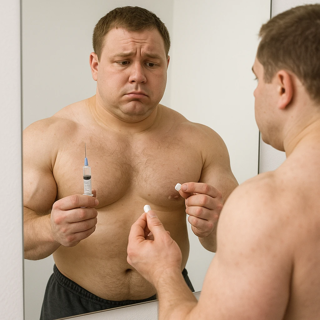 realistic beginner bodybuilder in front of mirror holding a syringe of testosterone and a pill of aromatase inhibitor, uncertain look, swollen muscles but puffy face, white background, 4K quality emoji