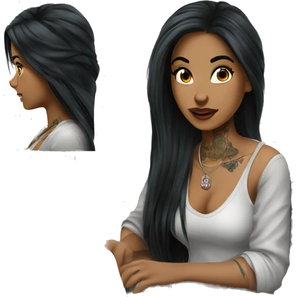 beautiful girl with tattoos, with long black hair, typing on laptop emoji