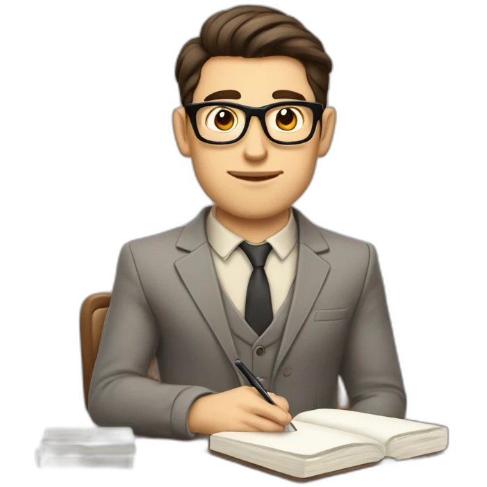 Pale skinned Fit Man With dark brown hair in gray jacket, beige office shirt, Brown pants and vintage glasses sitting In a soft chair with a notebook on spring with emblem Ψ and a pen emoji
