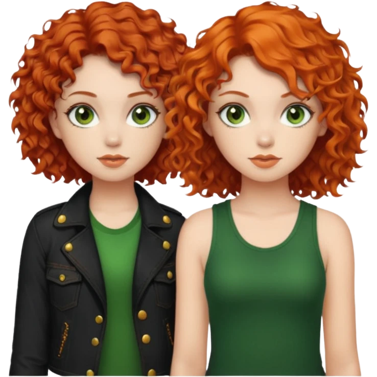 chica de pelo rizado corto rojizo con los ojos verdosos estilo roquera junto a chica de pelo naranja ondulado de ojos castaños linda emoji