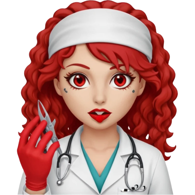 Lilith scalpel in hand, evil surgeon sexy surgeon clothes.  She has red eyes. She brown long curly hair. Wears sexy doctor outfit with red gloves. Hides mouth necknose with red bandana to hide her identity emoji