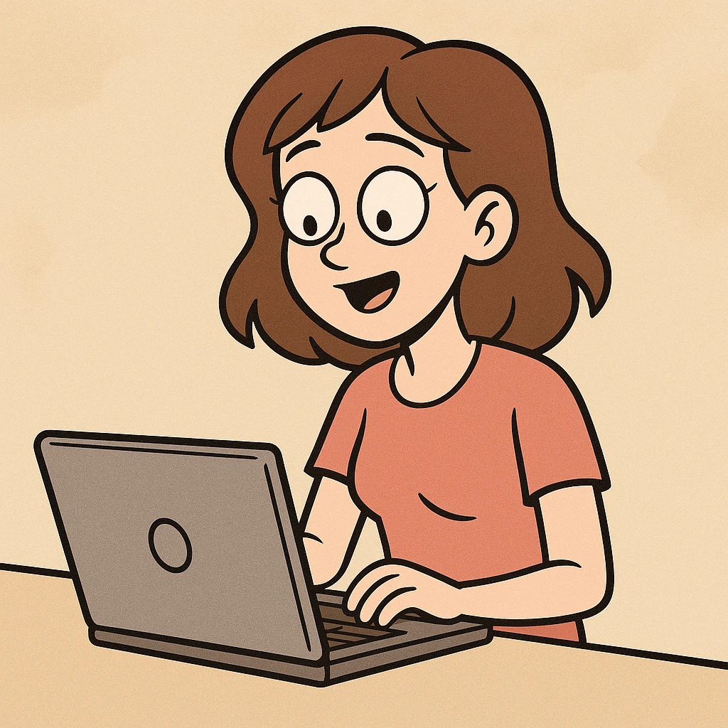white girl with brown hair using a laptop, cartoon style, flat toon emoji