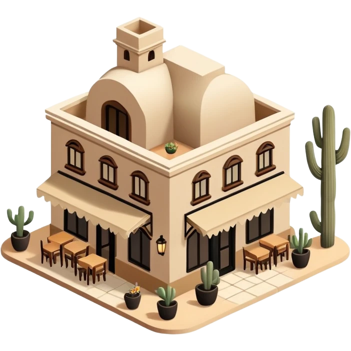 Isometric exterior little black, beige, and white southwestern desert Mexican restaurant, dollhouse style 3D realistic  emoji