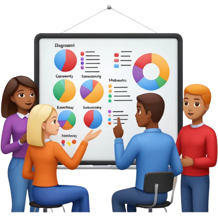 design team around a whiteboard with colorful diagrams emoji