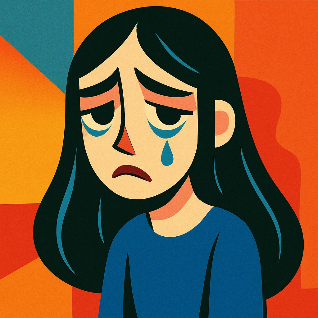 pale girl with long black hair, sad expression, emotional, stylized, unique visual takes, vibrant toon style emoji