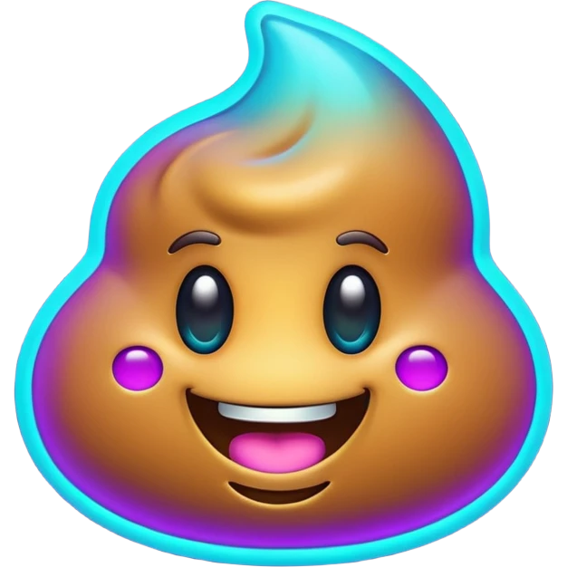 futuristic glowing poop emoji with funny smiling face, purple and cyan neon glow, dark background emoji